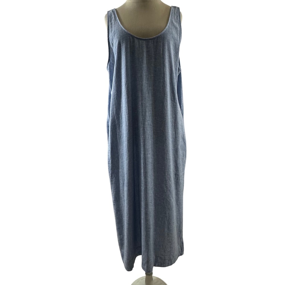 M&S Collection‎ Linen Blend Chambray Scoop Back Midi Shift Dress Blue Size 10